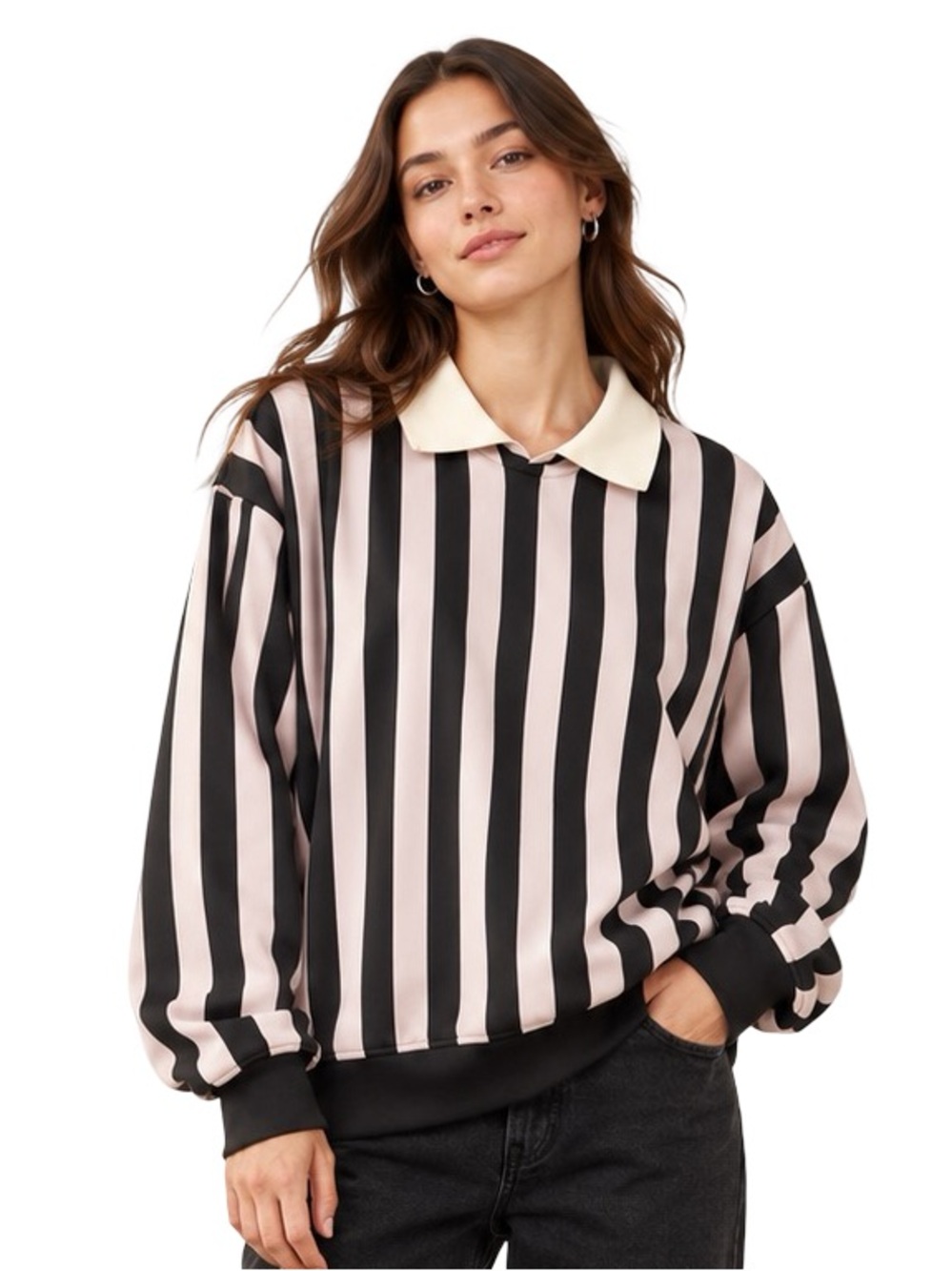 If It Were Me Vertical Stripe Collared Sweatshirt L NWT Grunge Preppy Referee